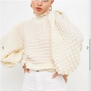 Endless Rose Puffer textured mock neck long sleeve blouse Cream Size XS